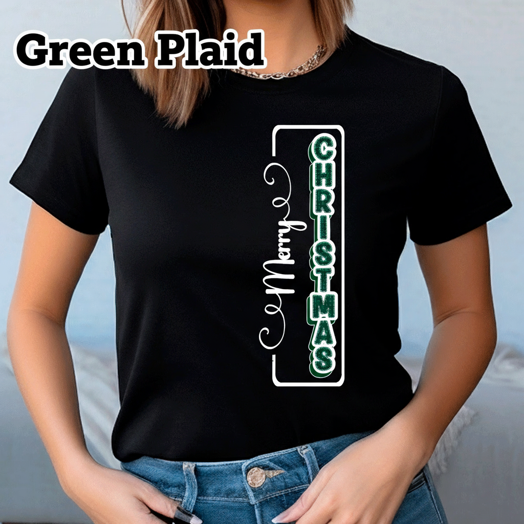 Person wearing a black t-shirt with 'Merry Christmas' design.