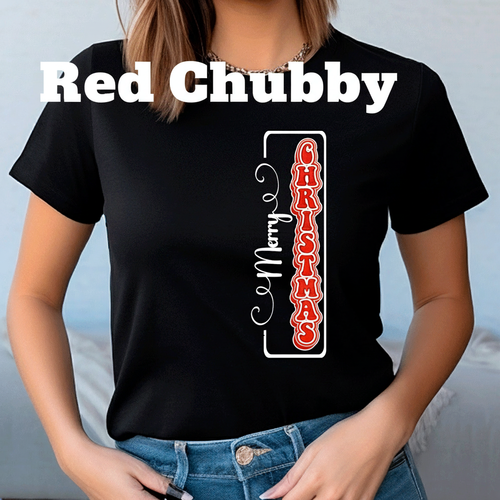 Person wearing a black t-shirt with 'Merry Christmas' design.