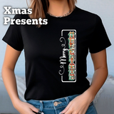 Person wearing a black t-shirt with a colorful design and text on a plain background