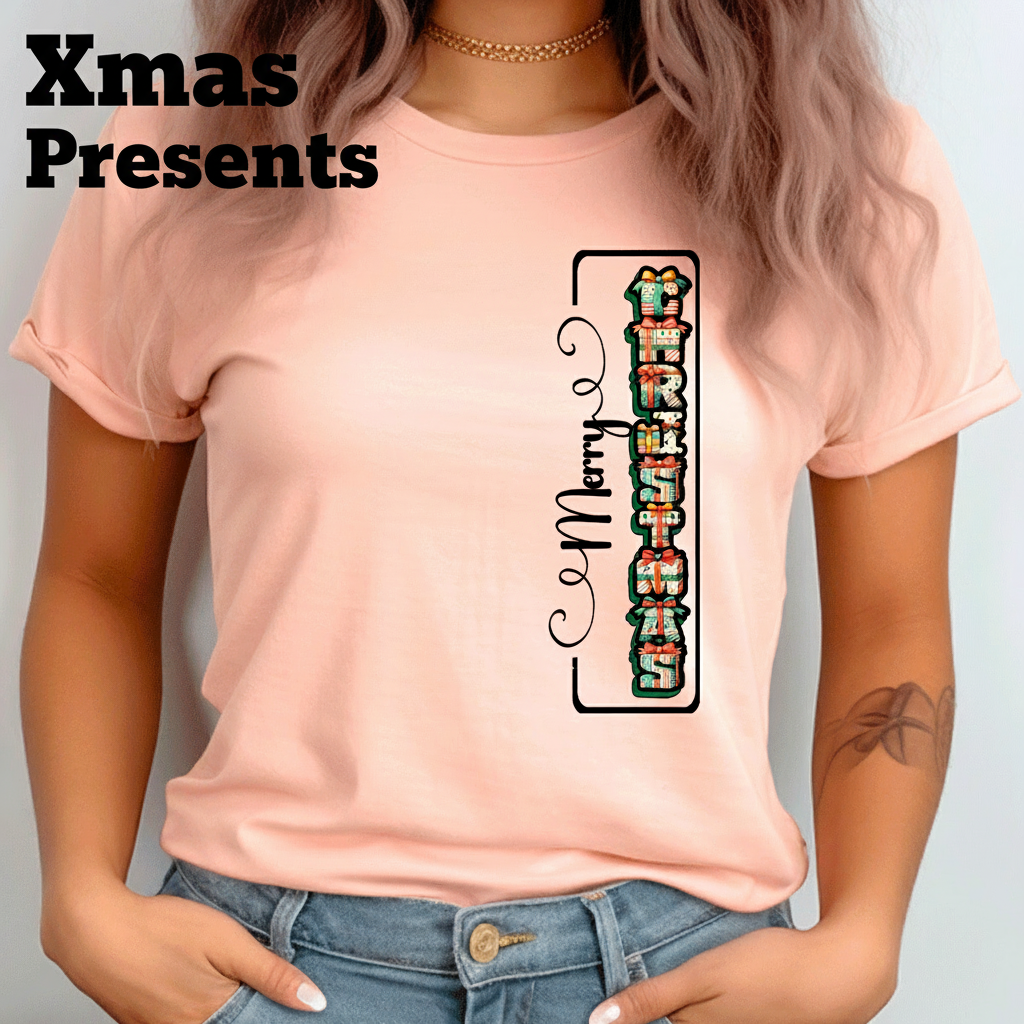 Merry Christmas Vertical HTV Graphic Ladies T-shirts
