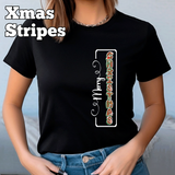 Person wearing a black t-shirt with colorful text design against a light blue background