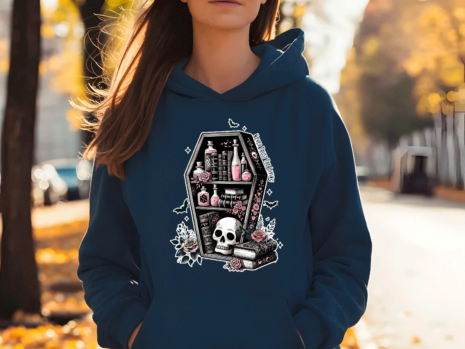 Never Trust The Living Halloween HTV Graphic Ladies Pullover Hoodies