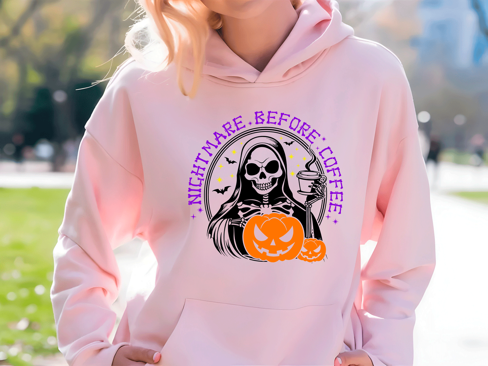 Nightmare Before Coffee Halloween HTV Graphic Ladies Pullover Hoodies