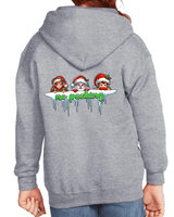Gray hoodie with cartoon characters and 'no peeking' text on the back