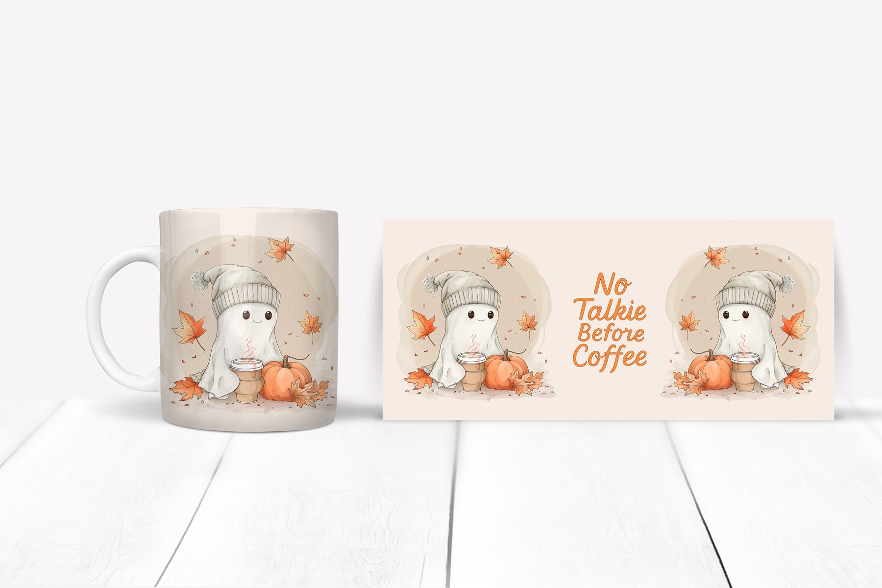 Cute character mug with autumn theme on a white surface.