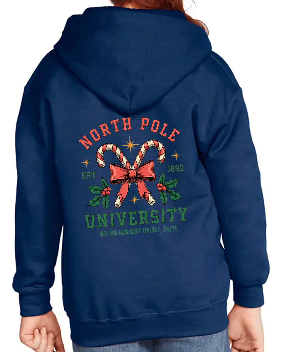 Navy blue hoodie with 'North Pole University' design on the back