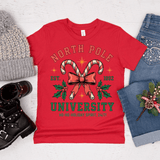 Red t-shirt with 'North Pole University' design, surrounded by festive items on a light background