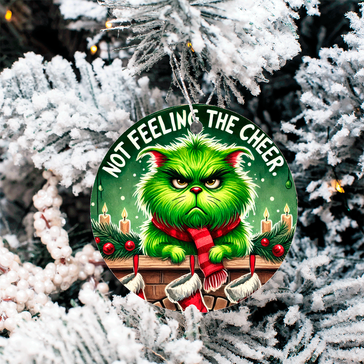 Christmas ornament with a green cat wearing a red scarf, sitting on a sleigh with candles and text 'Not Feeling the Cheer' against a snowy tree background.