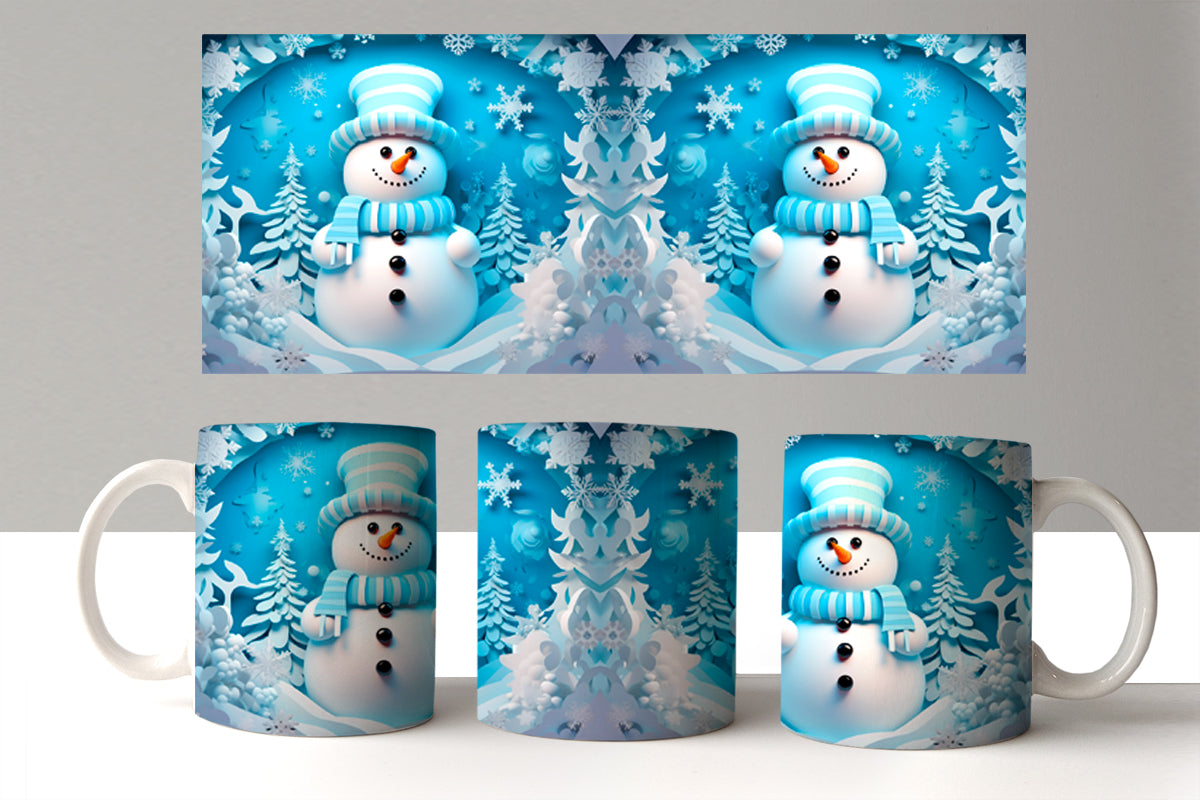 Two mugs with snowman design on a white background