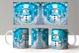 Two mugs with snowman design on a white background