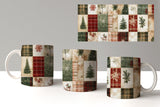 Three mugs with a patchwork design featuring trees, snowflakes, and plaid patterns on a white background.