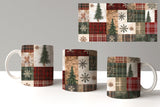 Three mugs with a Christmas-themed plaid pattern on a white background