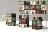 Three mugs with a winter-themed pattern featuring snowflakes and trees on a white background.