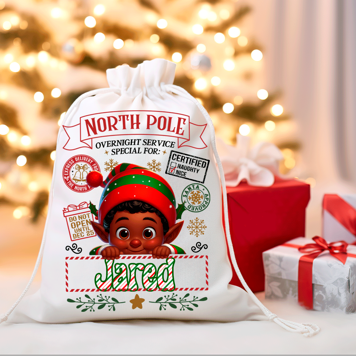 Personalized Christmas sack with elf design and 'North Pole' text, against a festive background with presents.