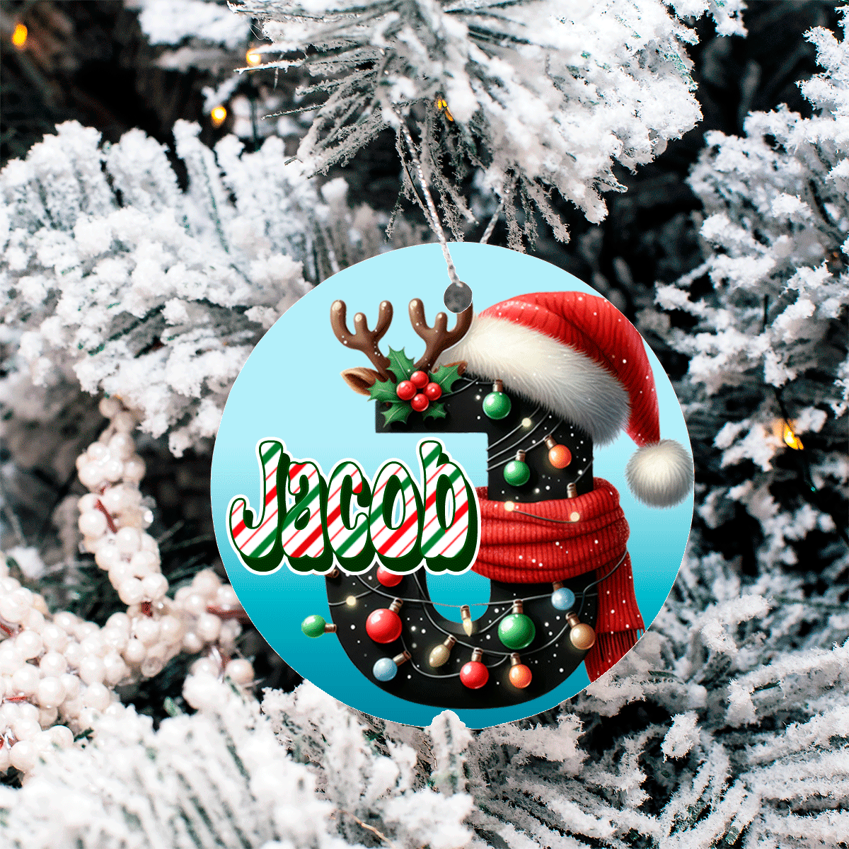 Personaized Reindeer Alpha Sublimated 3" Round Ceramic Ornament