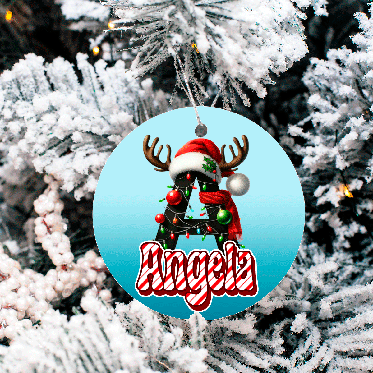 Personaized Reindeer Alpha Sublimated 3" Round Ceramic Ornament