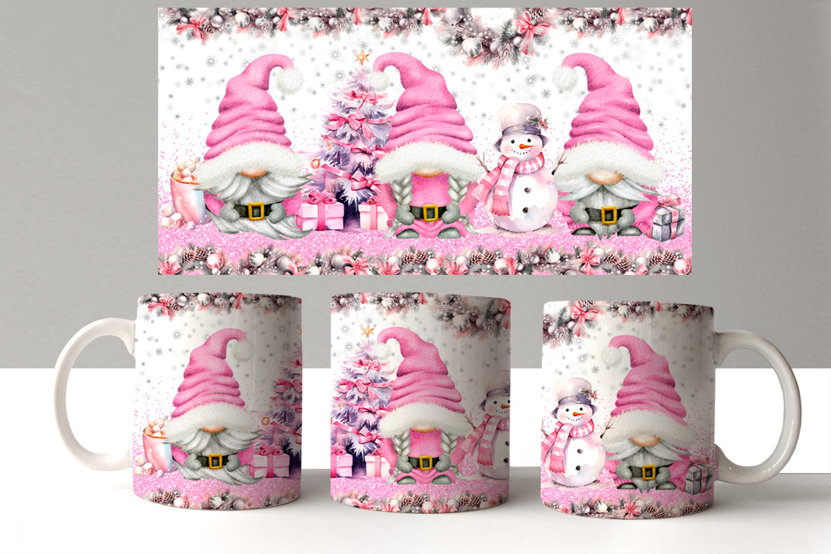 Set of three mugs with pink gnome design on a white background