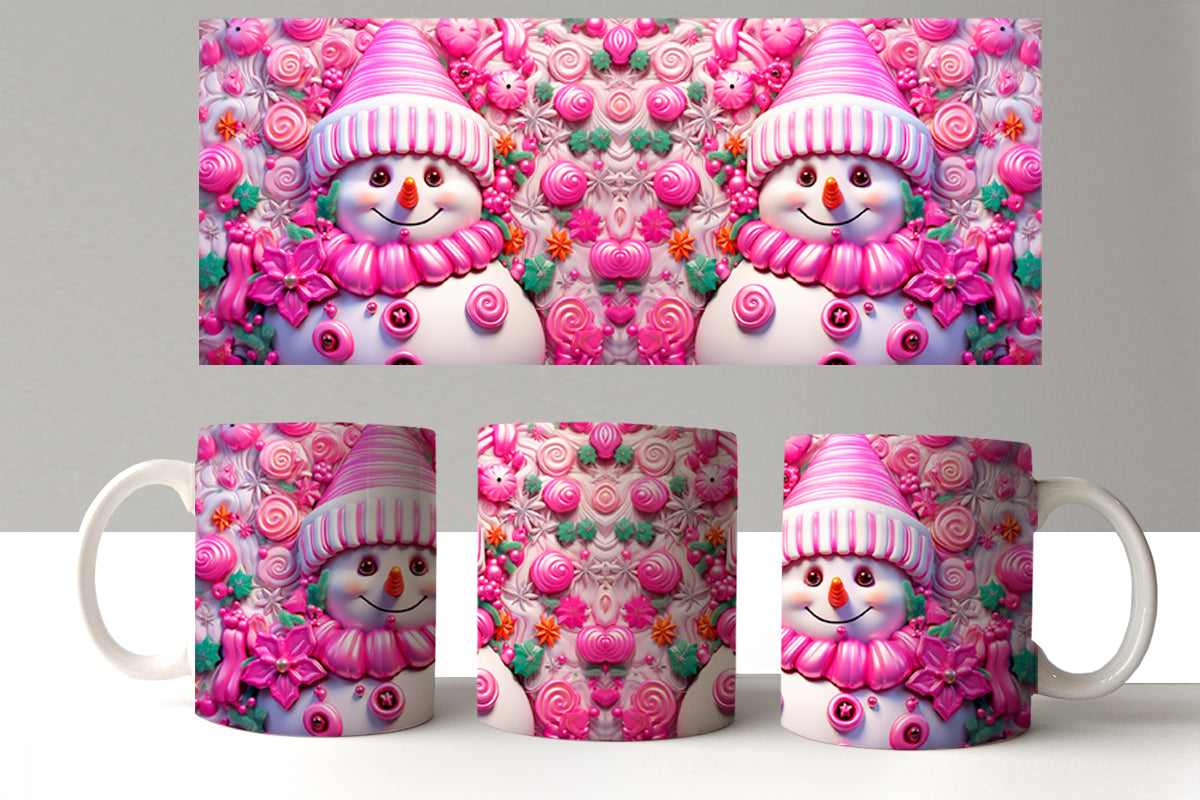 Colorful mug with a snowman design on a white surface