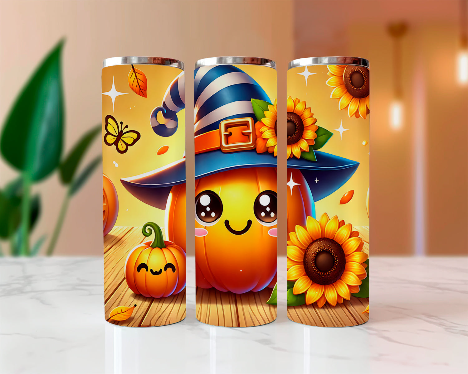 Three colorful tumblers with Halloween-themed designs featuring pumpkins, sunflowers, and a witch hat.
