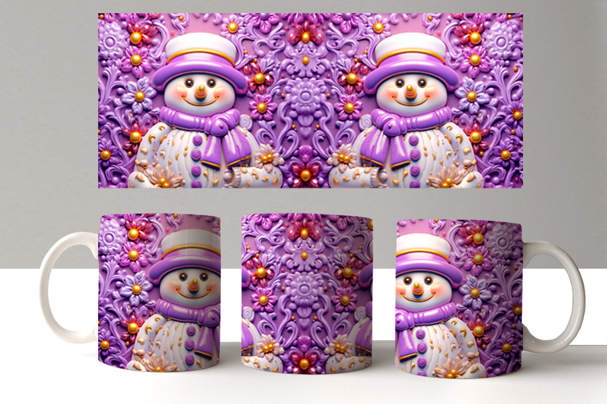 Decorative mugs with snowman design on a purple background