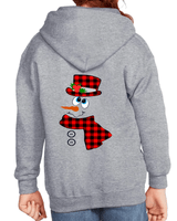 Gray hoodie with a snowman design featuring a red plaid scarf and hat on the back.