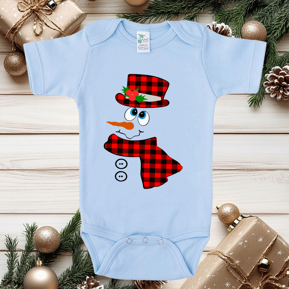 Red Buffalo Plaid Snowman HTV Infant Bodysuits