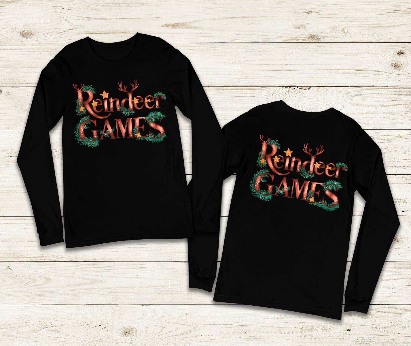 two black long sleeve tees with christmas graphic