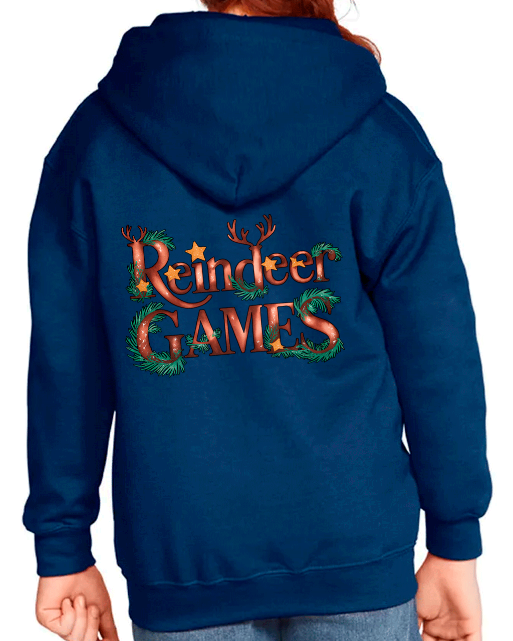 Navy blue hoodie with 'Reindeer Games' text on the back