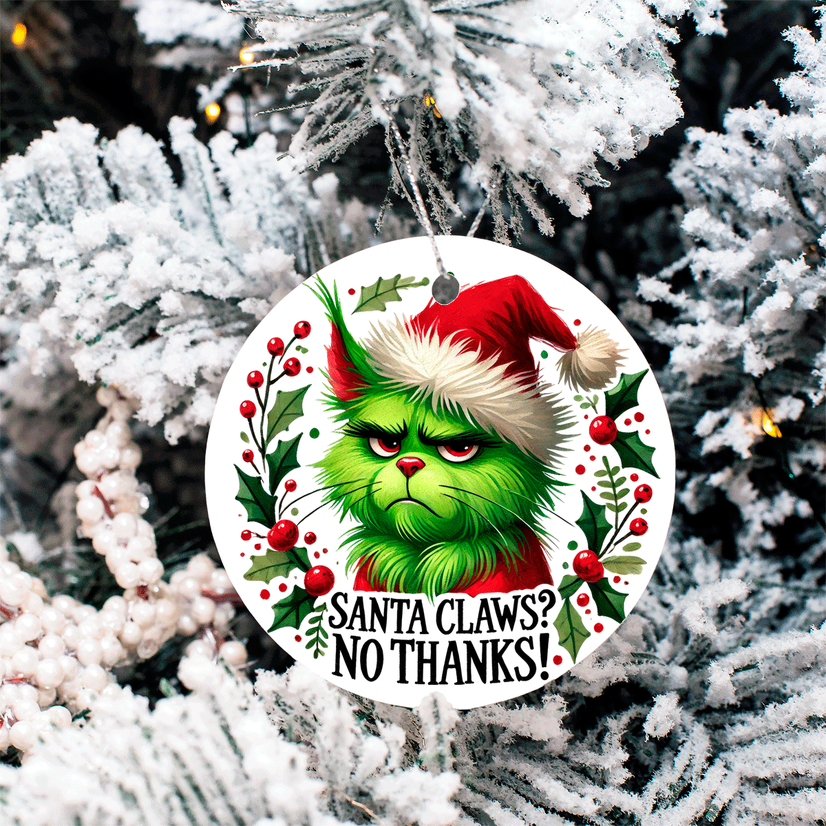 Christmas ornament with Grinch face and text 'Santa Claws? No Thanks!' on a snowy tree background