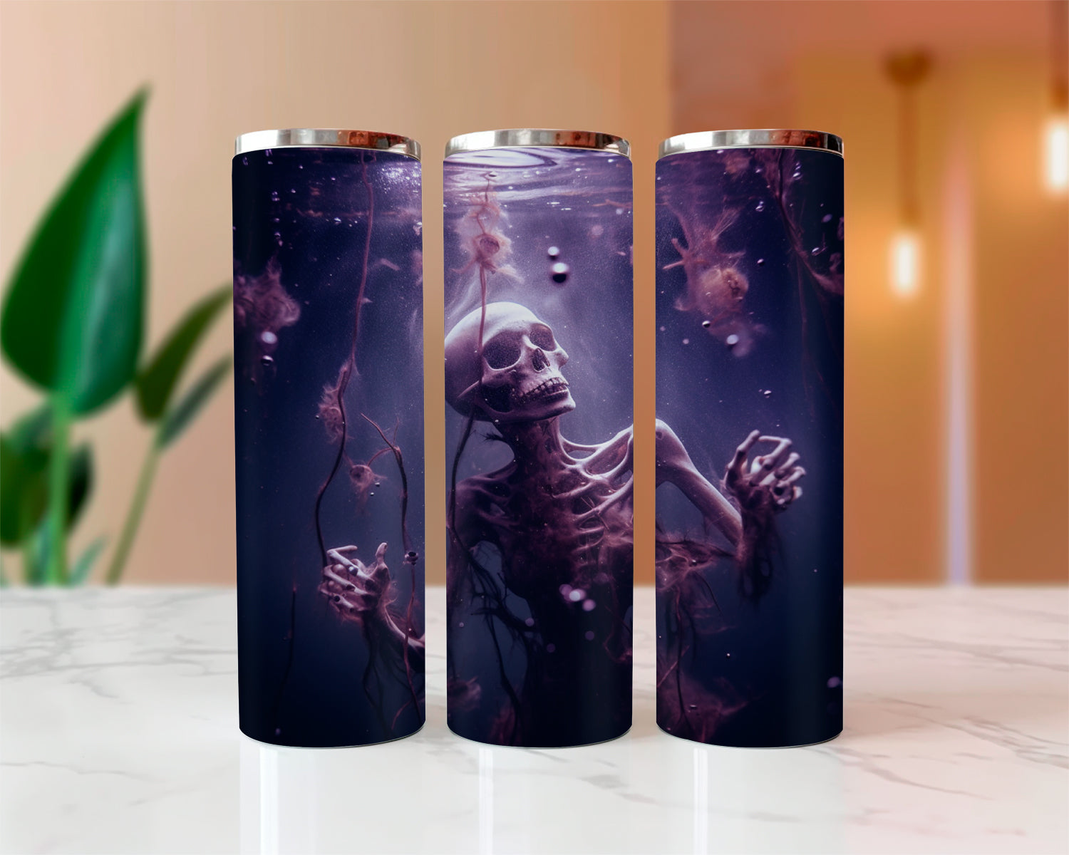 Skeleton Under Water Halloween Sublimated Skinny Tumblers