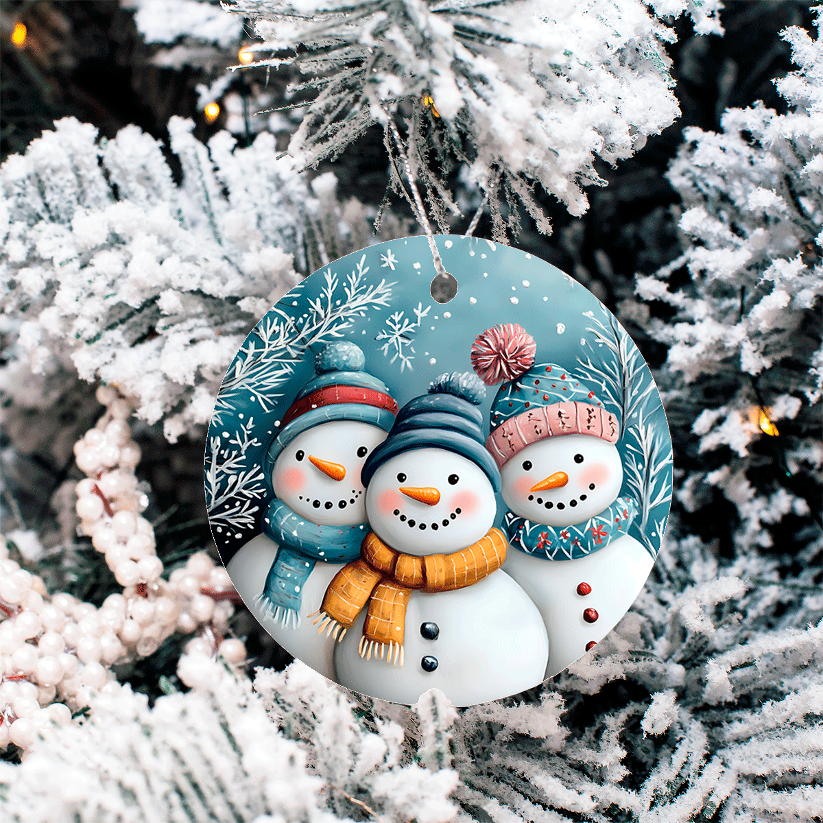 Snowman Trio Christmas Sublimated 3" Round Ceramic Ornament