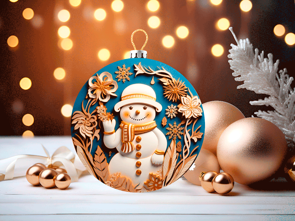 Decorative Christmas ornament with a snowman design on a blurred lights background