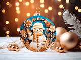 Decorative Christmas ornament with a snowman design on a blurred lights background
