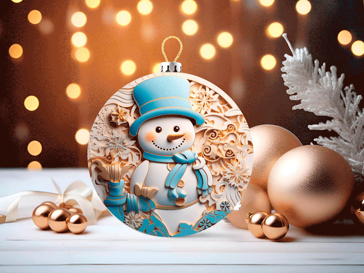 Decorative snowman ornament with blue hat and scarf, surrounded by gold Christmas balls and lights.