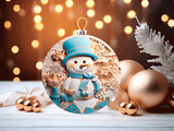 Decorative snowman ornament with blue hat and scarf, surrounded by gold Christmas balls and lights.