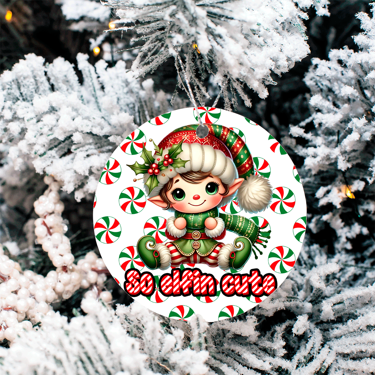 Christmas ornament with a elf design on a snowy tree background