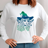 lady wearing long sleeve t-shirt with Halloween themed graphic