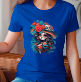 Person wearing a blue t-shirt with a colorful skull and floral design.