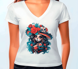 White t-shirt with a colorful skull and floral design worn by a person.