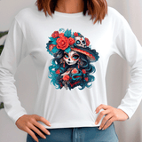 White sweatshirt with a colorful skull and floral design worn by a person.
