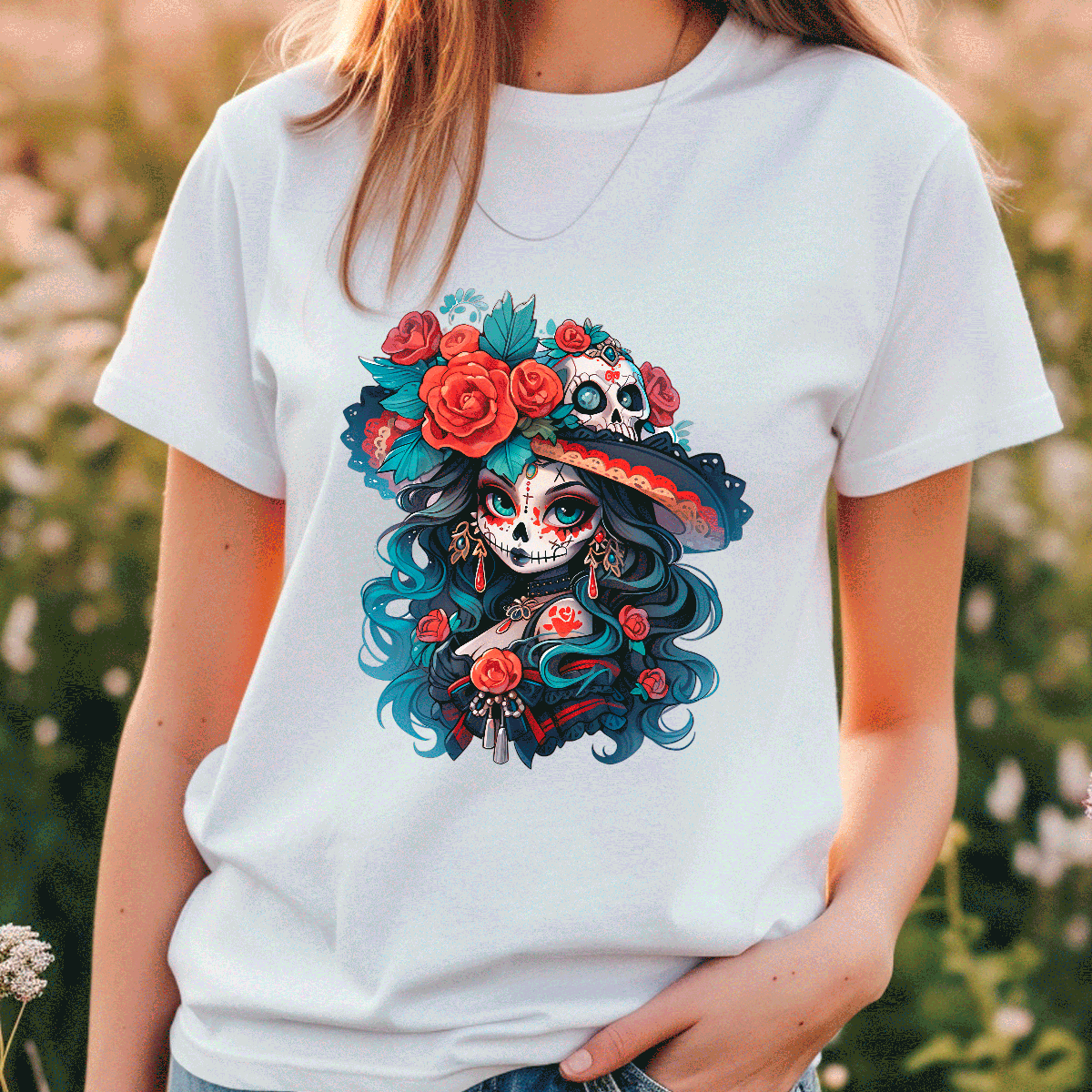 Person wearing a white t-shirt with a colorful skull and floral design.