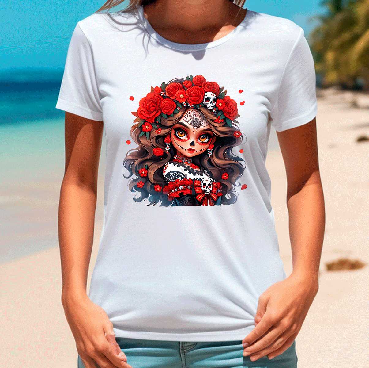 Person wearing a white t-shirt with a colorful graphic design on a beach.