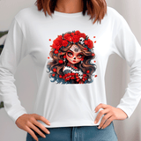 White long-sleeve shirt with a colorful graphic design of a skull with flowers and patterns.