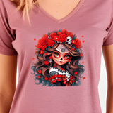 Pink t-shirt with a colorful graphic design of a woman with flowers and skulls on a white background