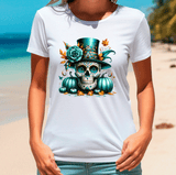 Person wearing a white t-shirt with a colorful skull design on a beach.