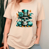 Beige t-shirt with a colorful skull design featuring a teal top hat and flowers.