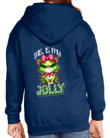 Navy blue hoodie with a colorful cat graphic and text on the back