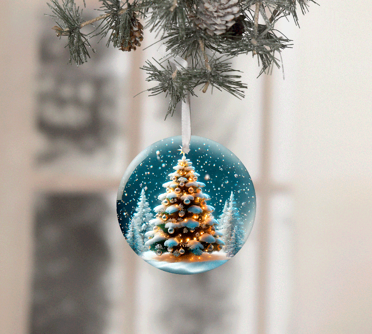 Snowglobe Christmas Set 2 Sublimated Ceramic Ornament 3" Set Of 5