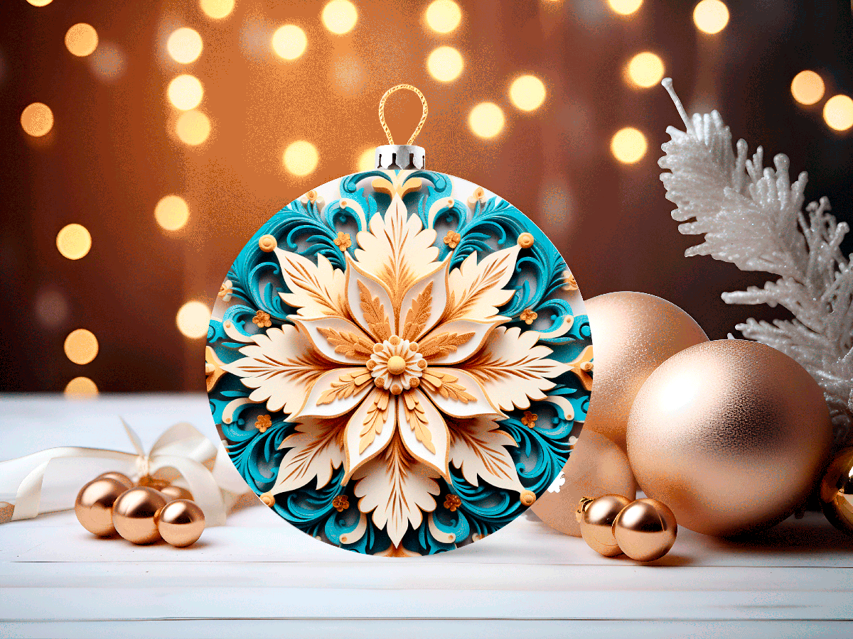 Decorative Christmas ornament with gold and blue floral design on a wooden surface with lights in the background.