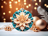 Decorative Christmas ornament with gold and blue floral design on a wooden surface with lights in the background.